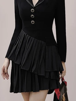 DEAT Moda kadın Elbise Noteched Yaka İnce Uzun Kollu Yüksek Bel Düzensiz Kat Siyah Elbiseler Sonbahar 2023 Yeni 17A4651 5
