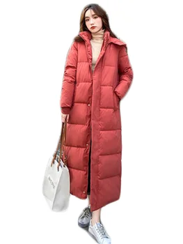 Kalın Aşağı Pamuklu Ceket Kadın Kore Gevşek Uzun kapüşonlu parka 2022 Kış Yeni Moda Tuğla Kırmızı Rüzgar Geçirmez Sıcaklık Giyim Feminina