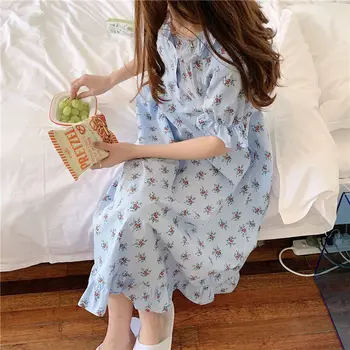 QWEEK gece elbisesi Kadın Bebek Yaka Fırfır Gecelik Mavi Kayısı Uyku Elbise Sleepshirts Yaz 2021 Moda Nightie Roomware