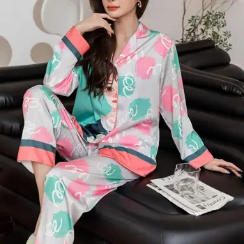 Kız Pijama Kadın Yaka Pijama Takım Saten Kıyafeti İki Adet Gömlek ve pantolon seti Salonu Aşınma Baskı Ev Giysileri Düğmeleri İle