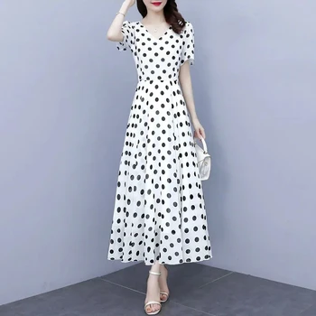 Kadın Şifon Yaz Nokta Baskılı Elbise Yeni V Yaka Maxi Elbiseler Kore Vintage Kısa Kollu Bodycon Elbise Moda Plaj Vestidos