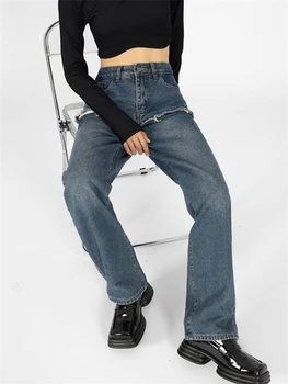 Vintage Yüksek Bel Düz Kot Pantolon Kadın Streetwear Patchwork Gevşek Kadın Denim Kot Yaz Tüm Maç Bayanlar Pantolon 2022