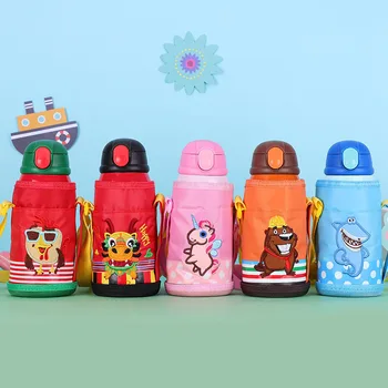 Karikatür termos bardak besleme bardak paslanmaz çelik spor pipetli şişeler taşınabilir kayış su şişesi çocuk termos su ısıtıcısı