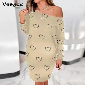 Kadın Sonbahar Elbise Uzun Kollu 3D Aşk Baskılı Yuvarlak Boyun Uzun Kollu Gevşek Elbise Kazak Rahat Kıyafetler 2021 Artı Boyutu Vintage
