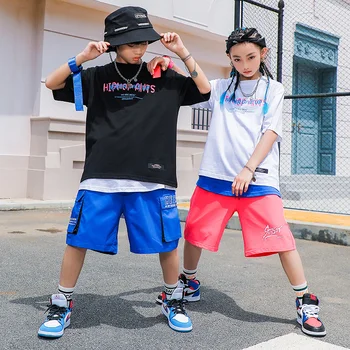 Yaz Kısa Kollu Mahsul Tops Gevşek Şort Hiphop Streetwear Çocuklar İçin Caz Modern Dans Kostümleri Hip Hop Rave Giyim DN9280