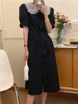 S-M Dantel Kadın Uzun Elbise Yaz Şık Yüksek Bel Bir-Line Bayan İnce Gevşek Yabancı Kitty Patchwork Kore Retro Streetwear Ofis 