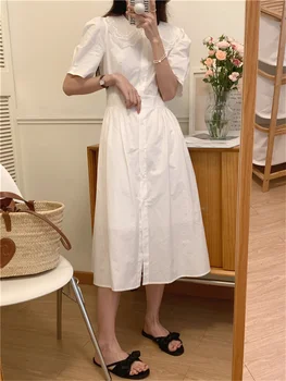 S-M Dantel Kadın Uzun Elbise Yaz Şık Yüksek Bel Bir-Line Bayan İnce Gevşek Yabancı Kitty Patchwork Kore Retro Streetwear Ofis  1
