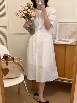 S-M Dantel Kadın Uzun Elbise Yaz Şık Yüksek Bel Bir-Line Bayan İnce Gevşek Yabancı Kitty Patchwork Kore Retro Streetwear Ofis  3