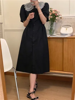 S-M Dantel Kadın Uzun Elbise Yaz Şık Yüksek Bel Bir-Line Bayan İnce Gevşek Yabancı Kitty Patchwork Kore Retro Streetwear Ofis  4