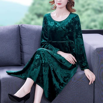 Bahar Güz Vintage Kadınlar Uzun Kollu Yüksek Bel Siyah Yeşil Çiçek Uzun Kadife Elbise, 4xl 5xl Kadife Elbiseler Kadın Giysileri için