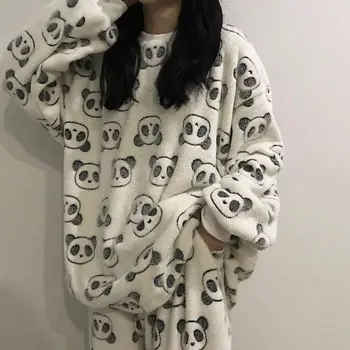 Pijama Kadın Kış Kalınlaşmış Flanel Pijama Kadın Sonbahar Öğrencileri Güzel Mercan Kadife Büyük Uzun Kollu Ev Giyim Seti