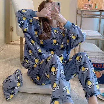 Pijama Kadın Kış Kalınlaşmış Flanel Pijama Kadın Sonbahar Öğrencileri Güzel Mercan Kadife Büyük Uzun Kollu Ev Giyim Seti 2