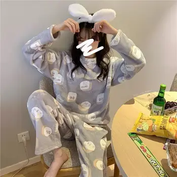 Pijama Kadın Kış Kalınlaşmış Flanel Pijama Kadın Sonbahar Öğrencileri Güzel Mercan Kadife Büyük Uzun Kollu Ev Giyim Seti 3