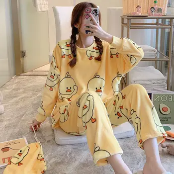 Pijama Kadın Kış Kalınlaşmış Flanel Pijama Kadın Sonbahar Öğrencileri Güzel Mercan Kadife Büyük Uzun Kollu Ev Giyim Seti 4