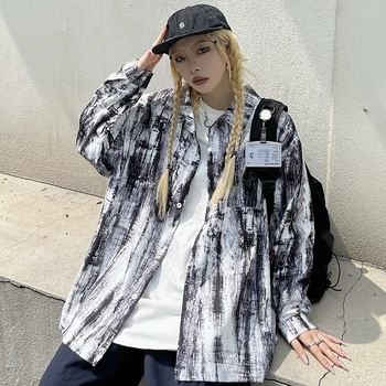 Mürekkep Kravat Boya Uzun Kollu Gömlek Kore Kadın Moda Trendleri Sonbahar Punk Elbise Genç Gevşek Fit Streetwear Düğme Bluz