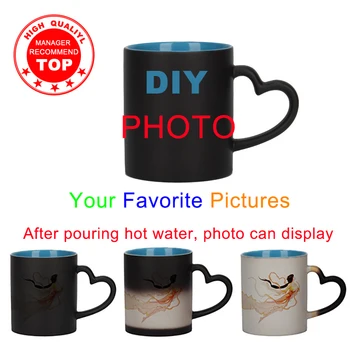 DIY fotoğraf içinde Mavi renk Kupa ısıya duyarlı Seramik Kupalar Renk değiştiren Kahve Kupaları süt kupası Hediye baskı Resimleri