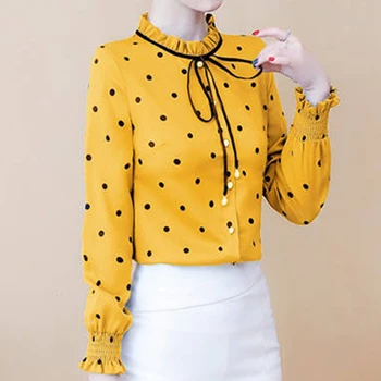 Rimocy Moda Nokta Baskı Yuvarlak Boyun Gömlek Kadın 2022 Sonbahar Ruffles Düğme Şifon Gömlek Kadın Uzun Kollu Bluz Mujer
