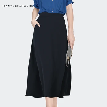 Orta Uzunlukta Etek Bayan İlkbahar Yaz Yüksek Bel A-Line Koyu Mavi Etekler Moda Rahat İnce Kadın Dipleri cepler ile