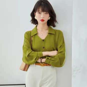 Avokado Yeşil Fransız şifon bluz kadın Uzun Kollu Üstleri 2022 Sonbahar Zarif Vintage Gevşek Casual Bayan Elbise Gömlek C1988