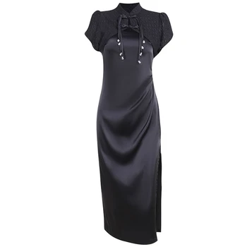 Kadın Goth 2 Adet Kıyafetler Kolsuz Yan Yarık Siyah Midi Uzun Elbise ve Mandarin Yaka Püsküller Kısa Kollu Dantel Omuz Silkme