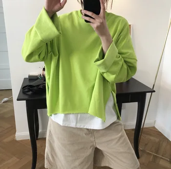 Floresan Yeşil Elbise Kadın Tişörtü Kış Uzun Kollu O-boyun 2022 bahar kalın pamuklu kazak Rahat Klasik Rahat Üstleri