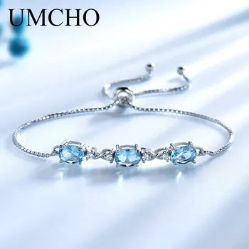 UMCHO Ünlü Marka Gerçek 925 Gümüş Bilezik Oval Doğal Sky Blue Topaz Bilezikler Ücretsiz genişleme Romantik Takı Kadınlar Için Hediye