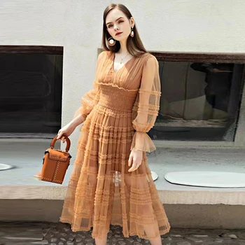 2022 Bahar Yeni kadın Bohemian Tasarımcı Yüksek Kalite Vintage Moda Zarif Rahat Parti Seksi Uzun Kollu Örgü uzun elbise 0