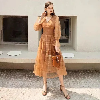 2022 Bahar Yeni kadın Bohemian Tasarımcı Yüksek Kalite Vintage Moda Zarif Rahat Parti Seksi Uzun Kollu Örgü uzun elbise 2