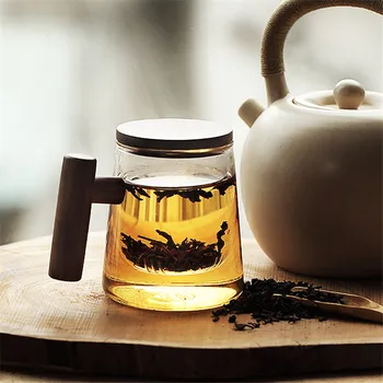 Isıya Dayanıklı Yaratıcı Borosilikat Cam çay bardağı Şeffaf çay bardağı Filtre İle Ahşap kapak Kayın Kolu Su Süt