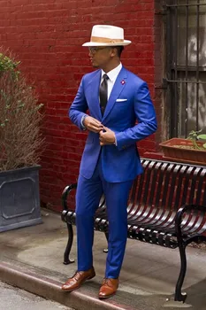 Klasik Kraliyet Mavi Damat Smokin Ucuz Slim Fit Çentikli Yaka 2017 Vintage Düğün Balo Erkekler Suit (ceket + Pantolon kravat)