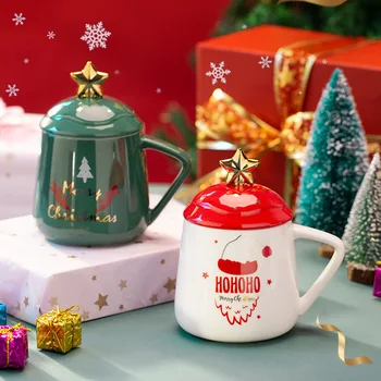 Noel Seramik Kahve Fincanı kapaklı kupa Kaşık İle Karikatür Sevimli Yıldız su kupası Mutfak Eşyaları Büyük Kapasiteli Drinkware Hediye