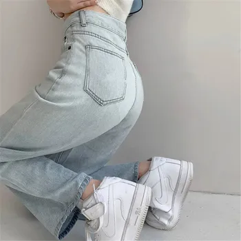 Vintage Kadın Değişen Renk Düz Kot Yüksek Bel İnce Geniş Bacak Pantolon Kore Gevşek Retro Kat Kot Pantolon Streetwear