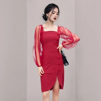 Kadın Kırmızı Vintage Modern Kız Çin Tarzı Kendini Yetiştirme Elbise Yeni Bahar Kare Yaka Rahat Parti Elbise