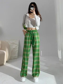 Yeşil Ekose dökümlü pantolon Kadın Streetwear Yüksek Bel Elastik Gevşek Geniş Bacak Pantolon Kadın Pantolon 2022 Yeni