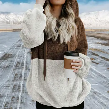 Sportif Kadın Hoodie Sonbahar Kış Bayanlar Kazak Peluş Gevşek Kontrast Renk Hoodie Streetwear
