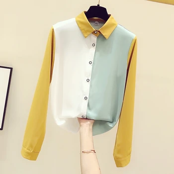 Renk Kontrast Patchwork Bluz Kadınlar Yüksek Kalite Şifon Uzun Kollu Tüm Maç Şık Tasarım Bahar Yaz Üst kadın gömleği