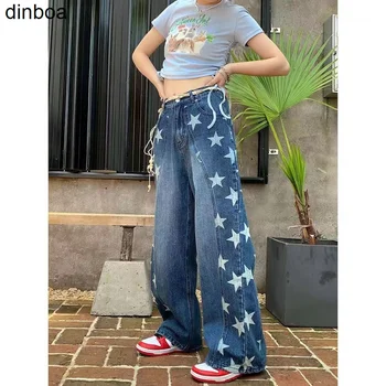 Dınboa-2022new Retro Harajuku Amerikan Sokak Yıldız Baskı Kot Kadın Ağır Sanayi Yıkanmış Mavi Sopa Rahat Y2k Geniş Pantolon İns