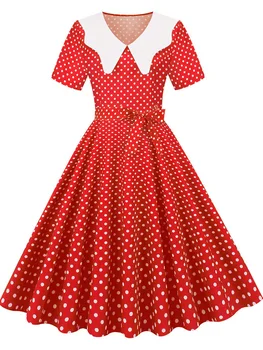 2022 Kadın Polka Dot Baskılı Vintage yaz elbisesi Rahat Kadın Rockabilly Sundress Kuşaklı A-Line Diz Boyu 50s Salıncak Elbiseler