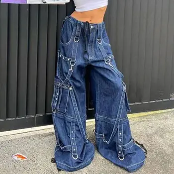 Kadın Estetik Kot kore Vintage 90s Bol Streetwear Pantolon Şık kot Punk Metal Mavi 
