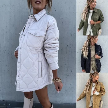 Lugentolo Kış Ceket Kadın Moda Streetwear Parkas Orta uzunlukta Düz Renk Yaka Uzun Kollu Cep Fermuarlı Ceket