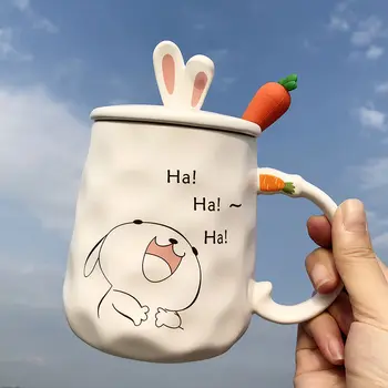 420ml Seramik Tavşan Kupa 3D Karikatür Stereo Bardak Kapağı ve Turp Kaşık Kahve Kupa Yaratıcı Sevimli Çift Bardak Kız Hediyeler için