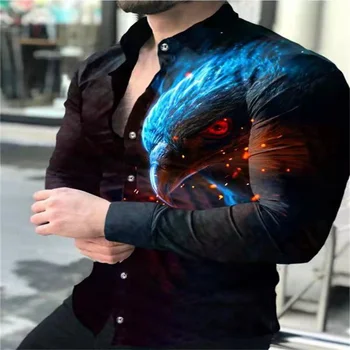 Yeni erkek Uzun Kollu Gömlek Yaka Düğmesi Uzun Kollu Gömlek Üst 3D Hayvan Kafası Baskı Yakışıklı Sokak Partisi Giyim 2022