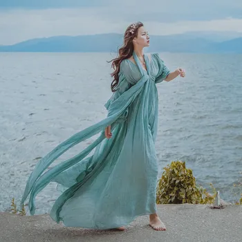 Ücretsiz gemi açık mavi deniz kıyısı fotoğraf çekimi vintage peri uzun elbise ortaçağ elbise Rönesans Elbise prenses viktorya dönemi tarzı elbise