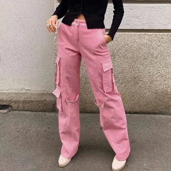 2022 Retro Pantolon Kadınlar Yüksek Bel Düz Tüp Y2k Pantolon Casual Baggy Tulum Ins Sokak Trendi Gevşek Çok Cep Tulum