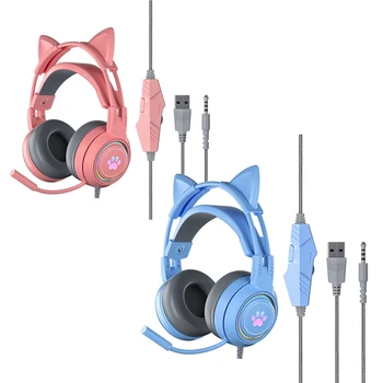 Kedi Kulak Kulaklık 3.5 Mm PC oyun kulaklığı Mikrofon İle Ayrılabilir Kedi Kulak Kablolu USB Kulaklık PS4/