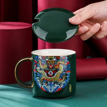 Guochao Yaratıcı kapaklı kupa Kaşık Hediye Fincan Çin Tarzı Kahve seramik fincan Çift Su Bardağı Özel LOGO