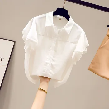 Şifon Beyaz Gömlek Kadın Ruffled Kollu Üstleri Yaz 2021 Yeni Bebek Yaka Bluz Kızlar Öğrenciler Tüm Maç Blusas