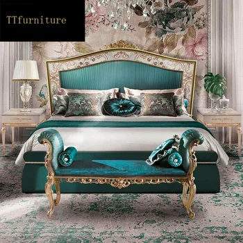 modern avrupa İtalyan katı ahşap hakiki deri yatak Moda Oyma lüks fransız yatak odası takımı mobilya kral jxj81