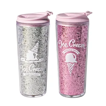 Kupalar Kahve Seyahat Kupa Glitter Fincan Dondurma Desen Termos Çift Katmanlı Plastik Kapak Tasarımı İle Su Şişesi