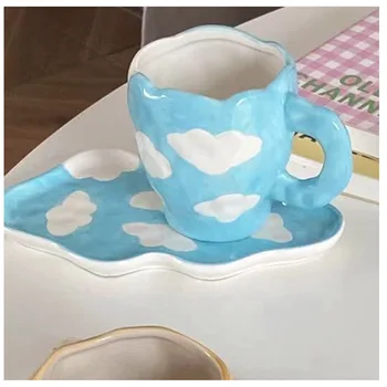 Kahve Kupalar El Çizim Mavi Gökyüzü Beyaz Bulutlar Tasarım Ins Tarzı Drinkware Seramik Sofra Aftternoon Çay Süt Porselen Fincan